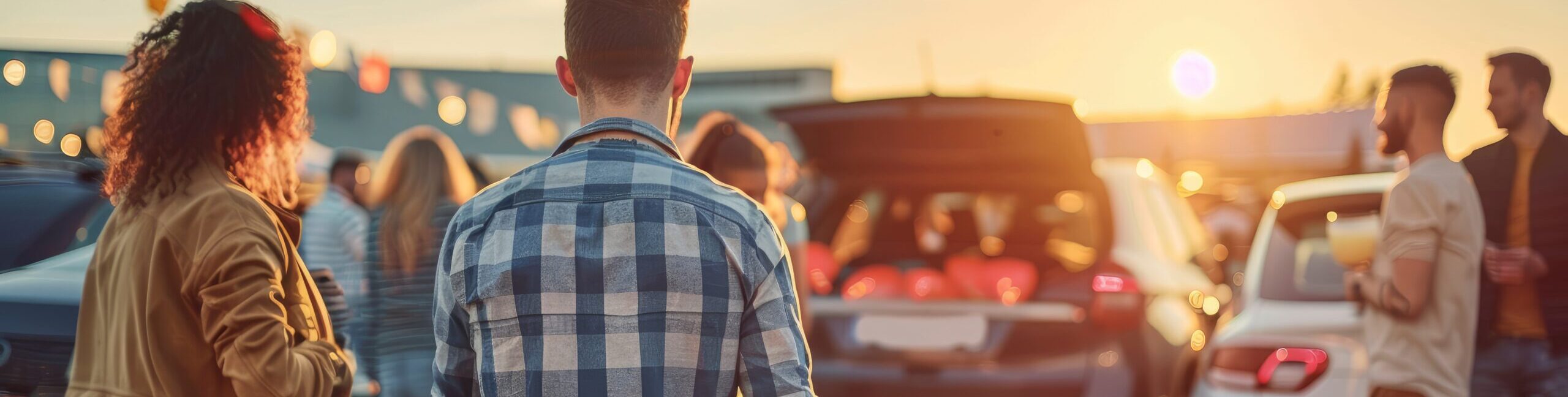 People gathering around vehicles at a tailgate event during sunset, with cars packed and ready for game day.