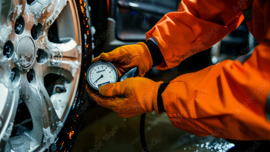 Person checking tire pressure with a gauge on a snow-covered car tire in winter to ensure safe driving.